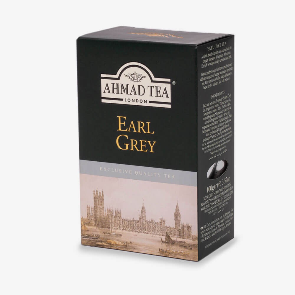 Trà đen pha ấm Bá Tước hộp giấy 100g - Ahmad Earl Grey Tea 100g (trà lá pha ấm – 100g trà/hộp)