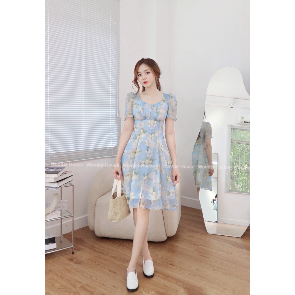 Đầm thiết kế Wonderhouse dáng dài cổ tim vải lụa in dạo phố, công sở dễ thương - Lyly dress