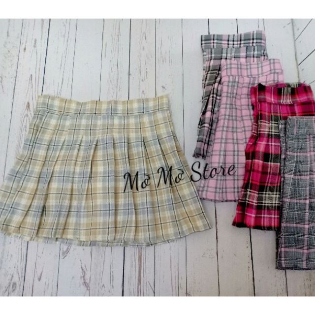 (1000% ẢNH THẬT + VIDEO) Chân váy tennis sọc caro xám với vàng sậm