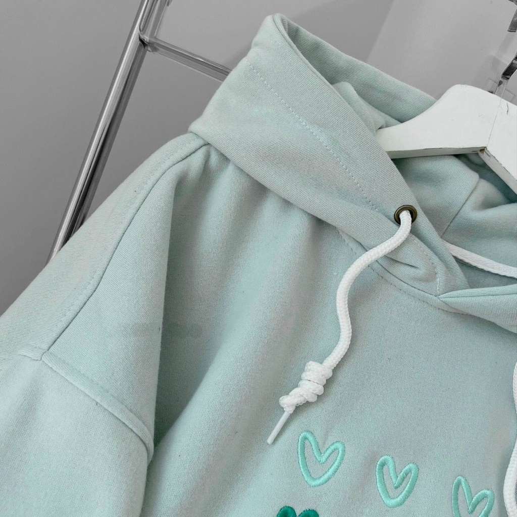ÁO KHOÁC HOODIE CHUI ĐẦU NỮ FORM RỘNG NỈ NGOẠI CAO CẤP THÊU 9 TRÁI TÍM MÀU XANH BƠ ẤM ÁP DÀY DẶN CÁ TÍNH HADI