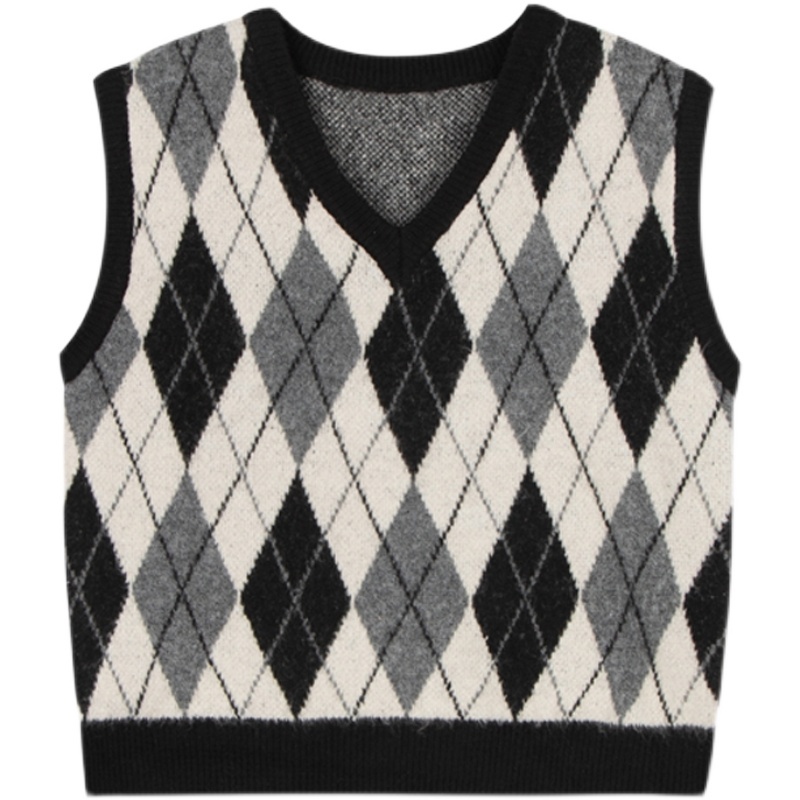 Áo Sweater Dệt Kim Không Tay Cổ Chữ V Họa Tiết Sọc Caro Phong Cách Retro Mỹ
