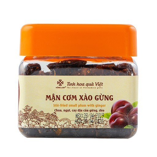Ô mai (xí muôi) mận cơm xào gừng Hồng Lam, dạng hộp (200gr, 300gr, 500gr). Có vị chua, ngọt , cay dịu của gừng