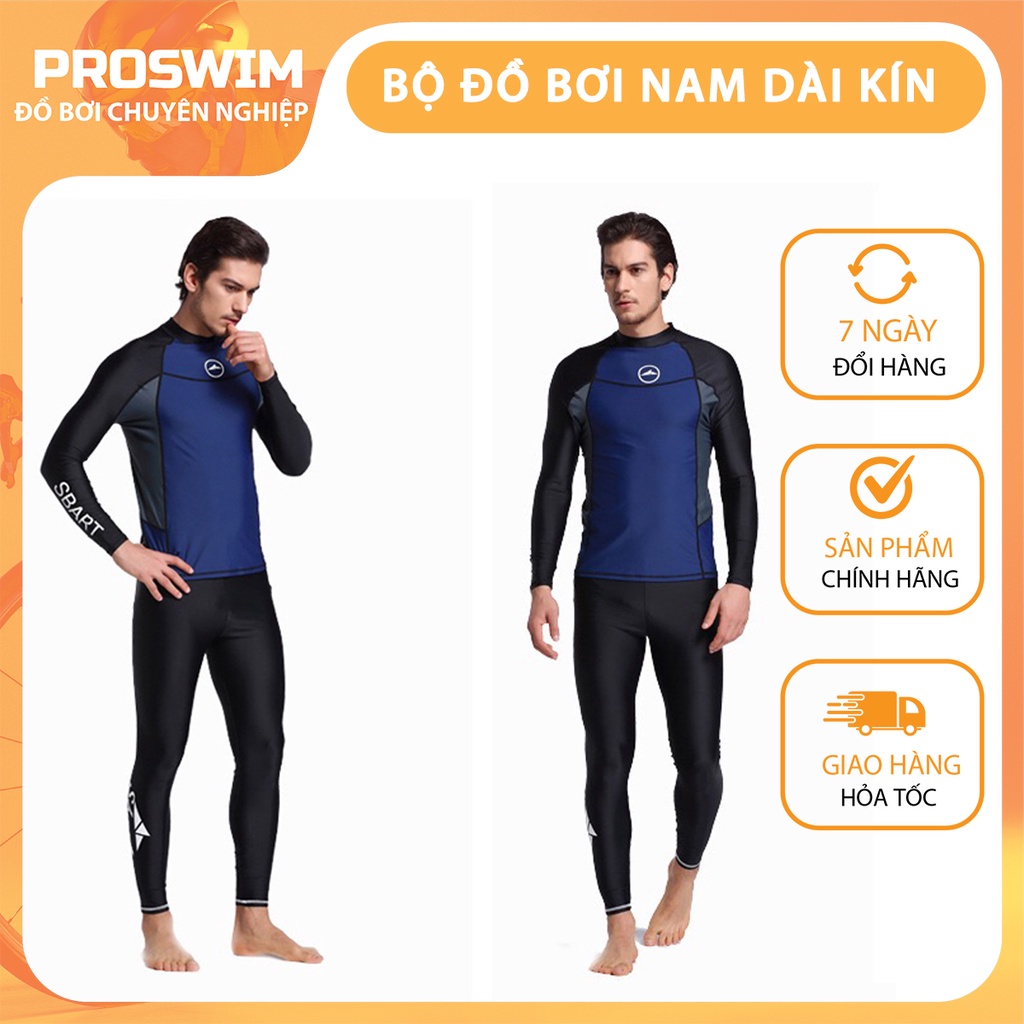 Set Quần Áo Bơi Nam Dài Tay Chống Nắng Chống UV Sbart 713 Xanh Đen