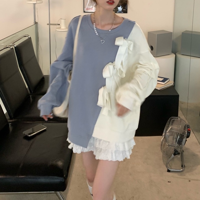 ZHELIHANGFEI Áo Sweater Tay Dài Dáng Rộng Đính Nơ Xinh Xắn Dễ Phối Đồ