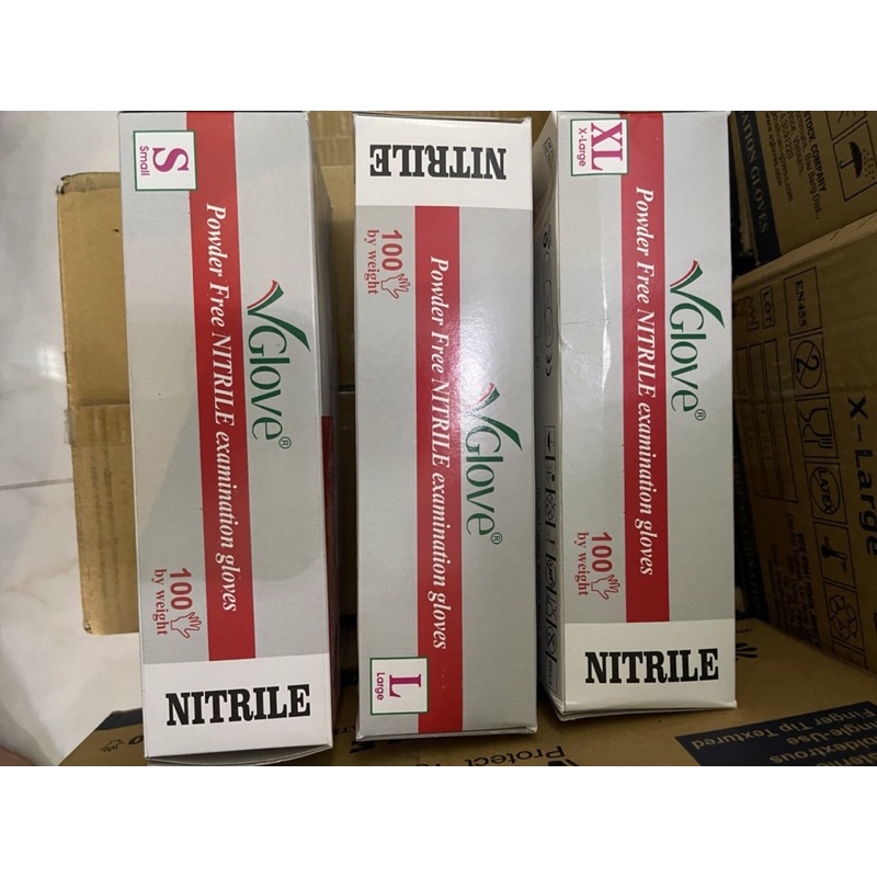 hộp 100 cái găng tay y tế khám bệnh vglove nitrile, màu xanh, size S,L,XL