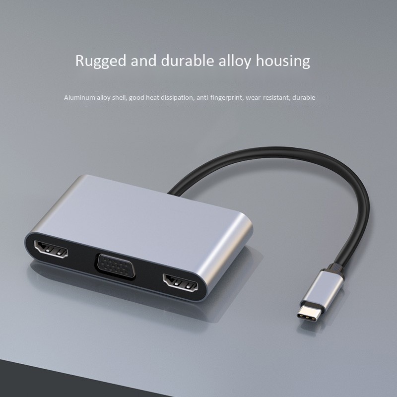 5 in 1 USB-C Hub Type-C to HDMI Convertor Type-C to VGA USB Adapter with 2 HDMI for Samsung Huawei Xiaomi Gray