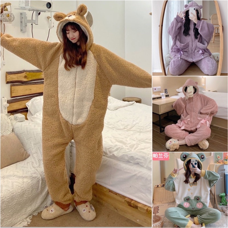 Sét Bộ Cute Lông Mềm Hình Gấu , Sét Bộ Lông Gấu Mặc Ngủ Siêu xinh Dày Ấm