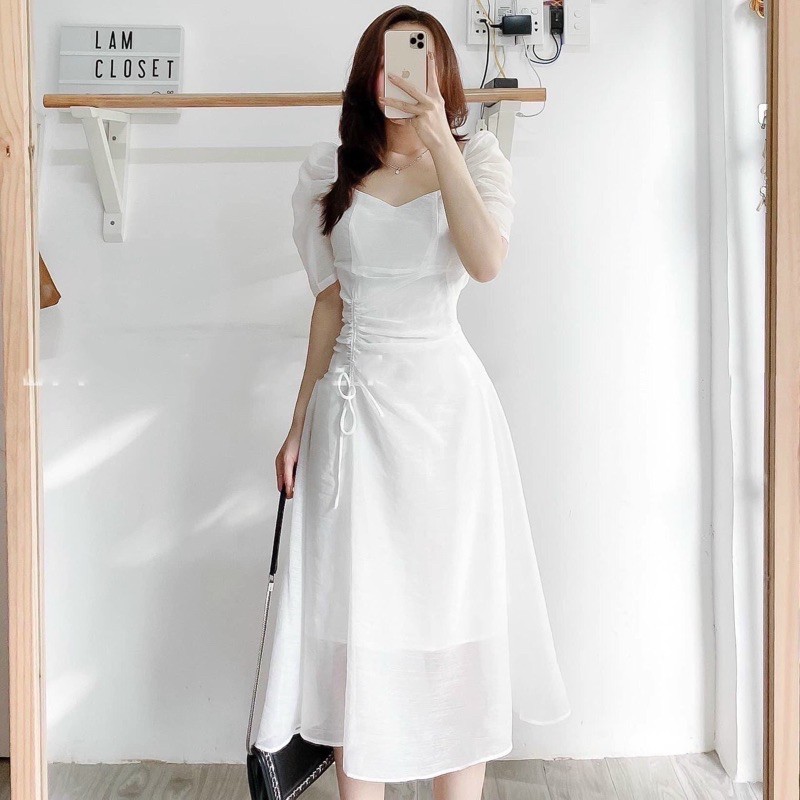 Đầm váy trắng cổ V tùng rút dây