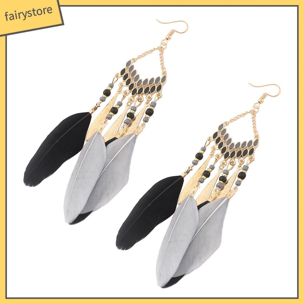 Khuyên tai dáng dài phối tua rua lông vũ phong cách Bohomian độc đáo