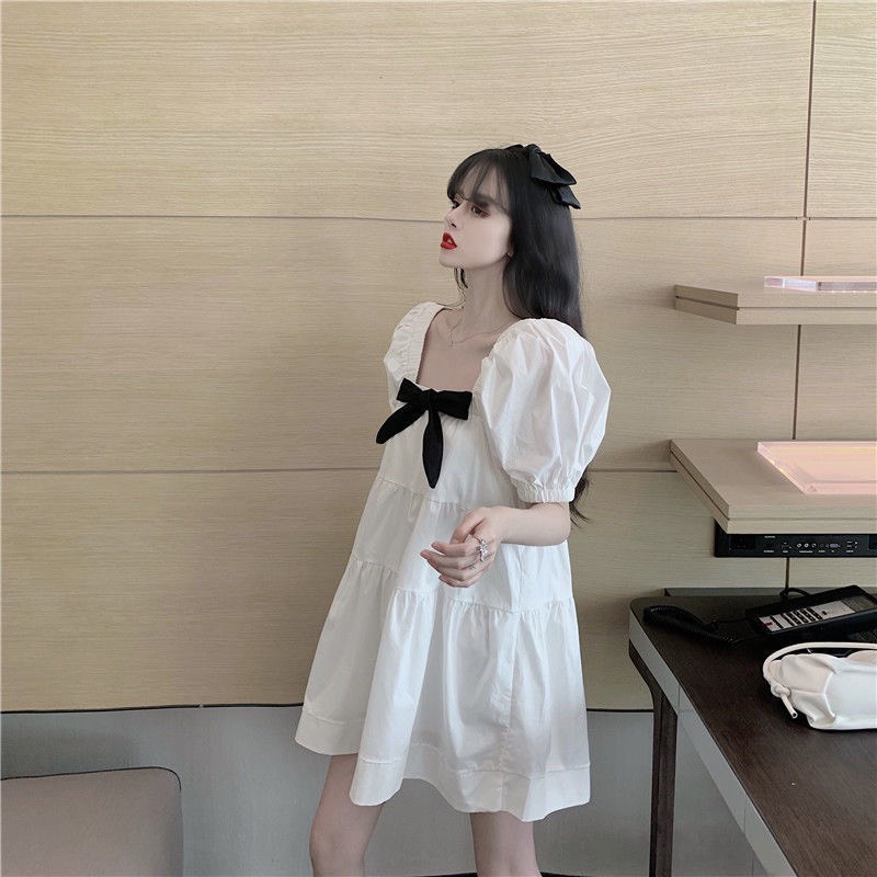 Váy Babydoll Nữ ,Váy Tiểu Thư Trắng Xoè Cổ Vuông Đính Nơ,Freesize Dưới 60kg, Chất Thô Mềm Xếp Tầng Phong Cách Hàn Quốc | BigBuy360 - bigbuy360.vn