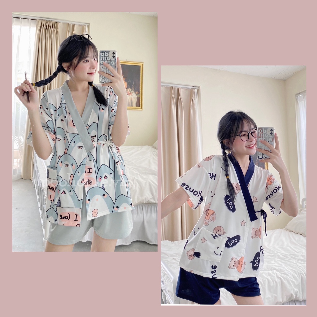 Combo Cá mập-Gấu Boo - Pijama kimono ngủ chất liệu cotton, đồ ngủ kimono đồ ngủ kiểu Nhật bản - Poohouse Pyjama