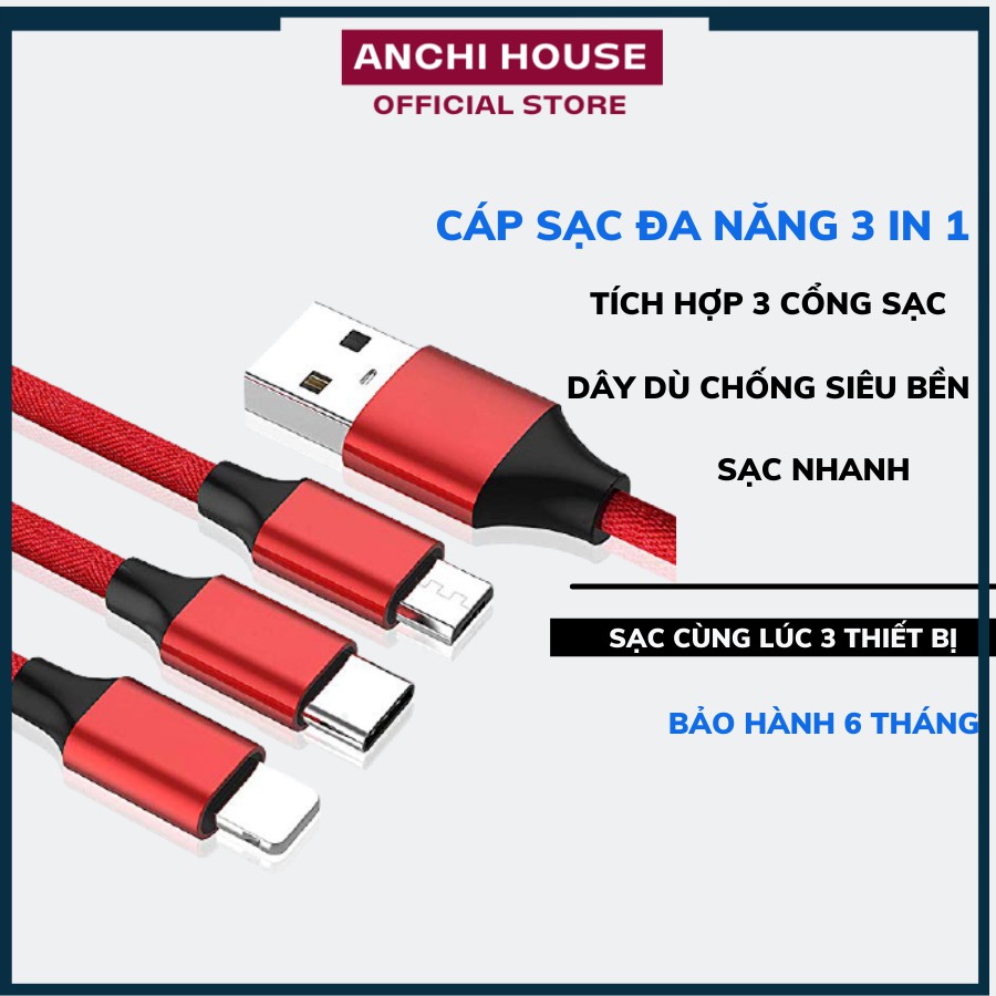 Cáp sạc, dây sạc đa năng 3 đầu sạc siêu tiện lợi, đầy đủ cổng kết nối Lightning, Type-C, MicroUSB