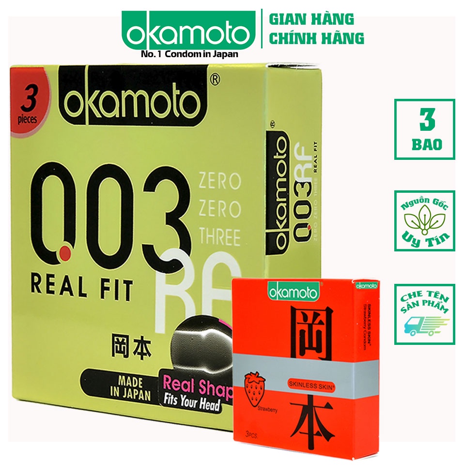 [ Tặng 1 Hộp Dâu 3 Cái ] Bao cao su Okamoto 0.03 Real Fit Mỏng Với Khả Năng Co Rút Giúp Ôm Sát Hộp 3 cái