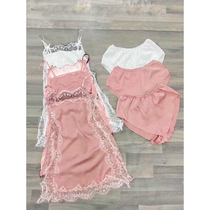 Sét đồ ngủ lụa satin hai dây phối ren mềm sexy cao cấp | BigBuy360 - bigbuy360.vn