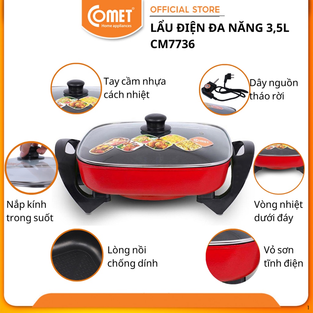 [Mã ELCMVIP1 giảm 10% đơn 699K] Chảo lẩu điện đa năng 5L COMET - CM7736:CM7736 đen