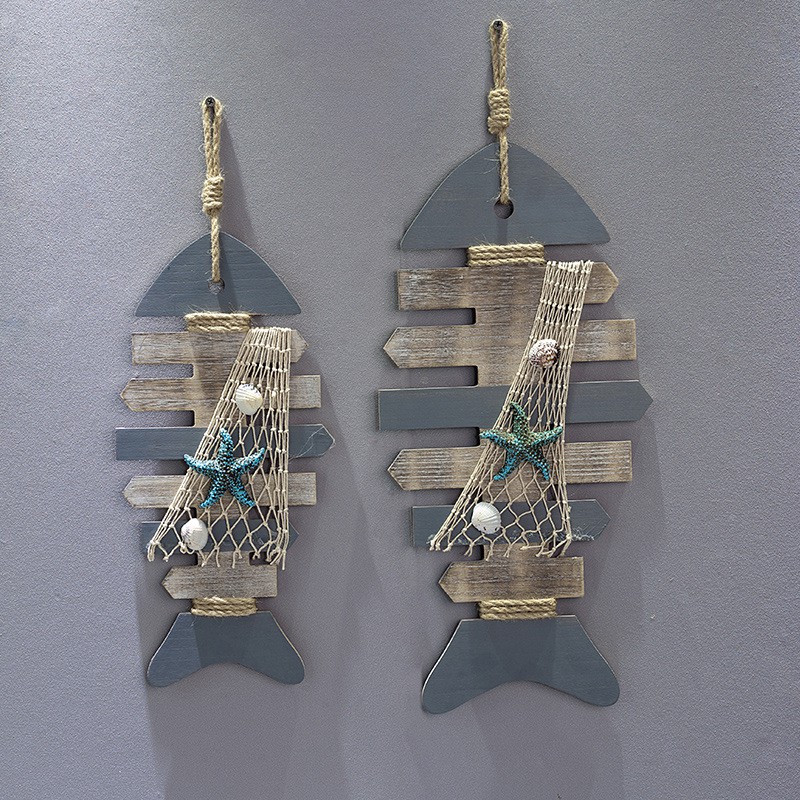 Mô hình gỗ cũ nhiều hình trang trí lưới và sao biển - Decor đồ trang trí theo phong cách biển Địa Trung Hải