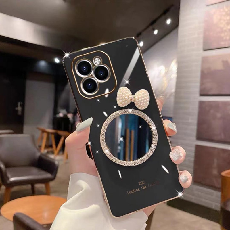 Ốp Điện Thoại Mềm Tráng Gương Trang Điểm Đính Nơ Thời Trang Cho OPPO A95 A54 A16 A15 A74 A94 A53 A3S A5S A7 A12 A52 A92