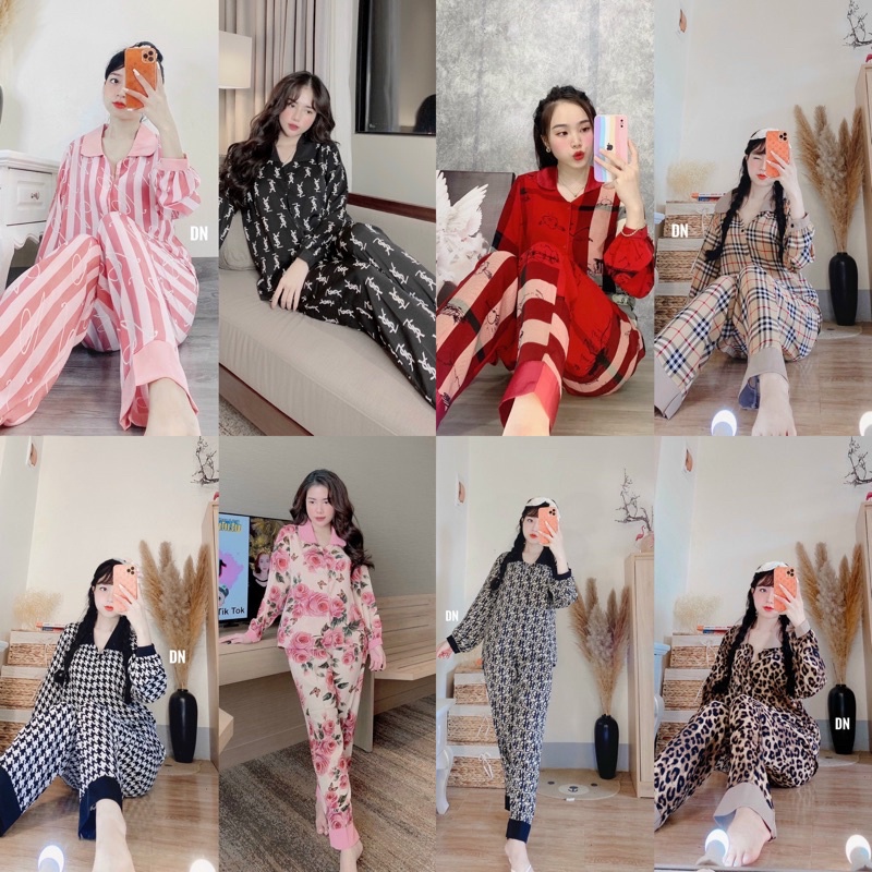 Bộ Pizama mặc nhà cổ sen lụa cao cấpBộ Ngủ lụa tay dài quần dài hoạ tiết sang trọng mát [HÀNG CHUẨN] [ẢNH THẬT +VIDEO]