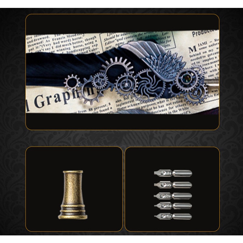 Bộ Bút Máy Kim Loại Mực Nước 5 Ngòi Hình Lông Vũ Phong Cách Vintage Thích Hợp Làm Quà Tặng Sinh Nhật