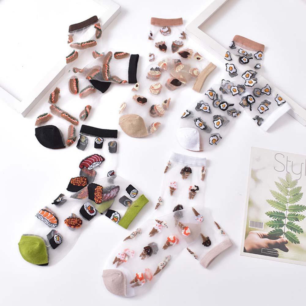 Vớ ống mỏng trong suốt in họa tiết hoạt hình bằng sợi thủy tinh acrylic co giãn thời trang mùa hè Hàn Quốc cho nữ