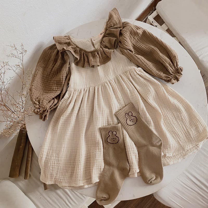 Váy cho bé gái, Đầm trẻ em chất xô muslin mềm mại màu nâu kem vintage(ảnh thật)-YumiFamily