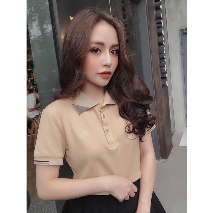 Áo polo nữ thêu hình cổ phối viền tay ngắn cổ bẻ