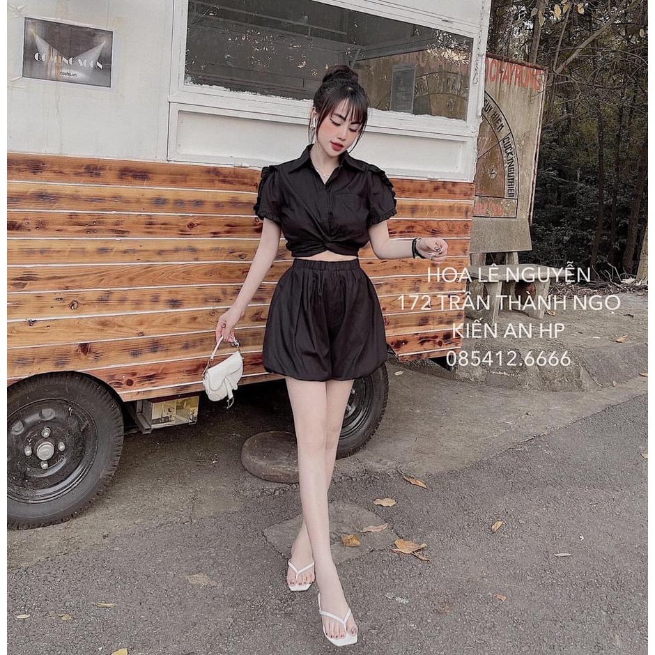 Set bộ đũi croptop tay bồng soắn bụng quần đùi bồng HO423
