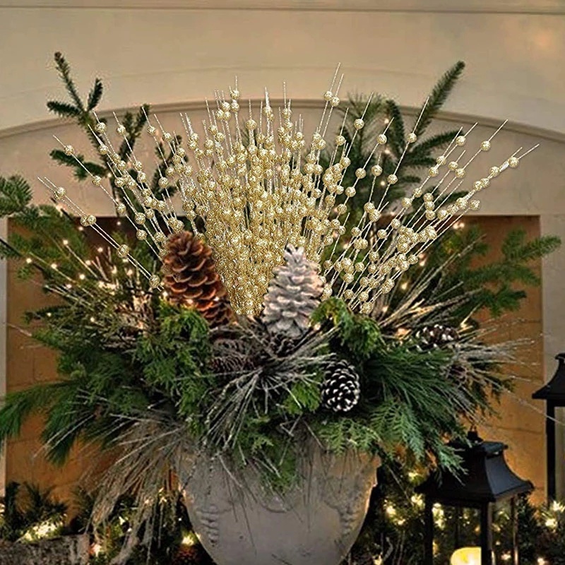 1 Nhánh 45-50 Bông Hoa Nhân Tạo Màu Vàng Kim Trang Trí Giáng Sinh