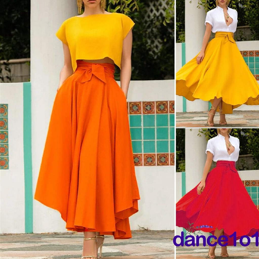 Chân váy maxi lưng cao xếp ly to cho nữ