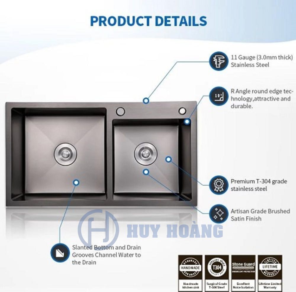 Chậu Rửa Bát, Chén 2 Hố Lệch Inox SUS304  Phủ Nano Cao Cấp Hàn Quốc Daewon DC8545L