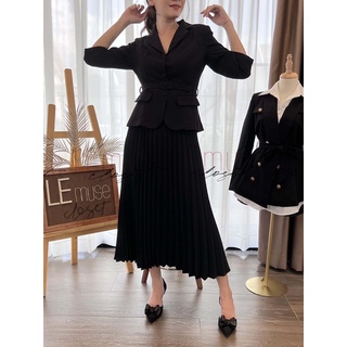 Set vest nữ tay lỡ chân váy dập ly đen