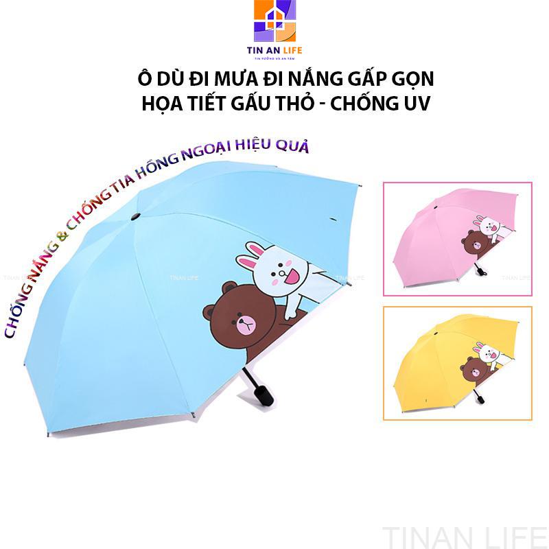 Ô Dù Đi Mưa Đi Nắng Gấp Gọn, Họa Tiết Gấu Thỏ, Chống UV