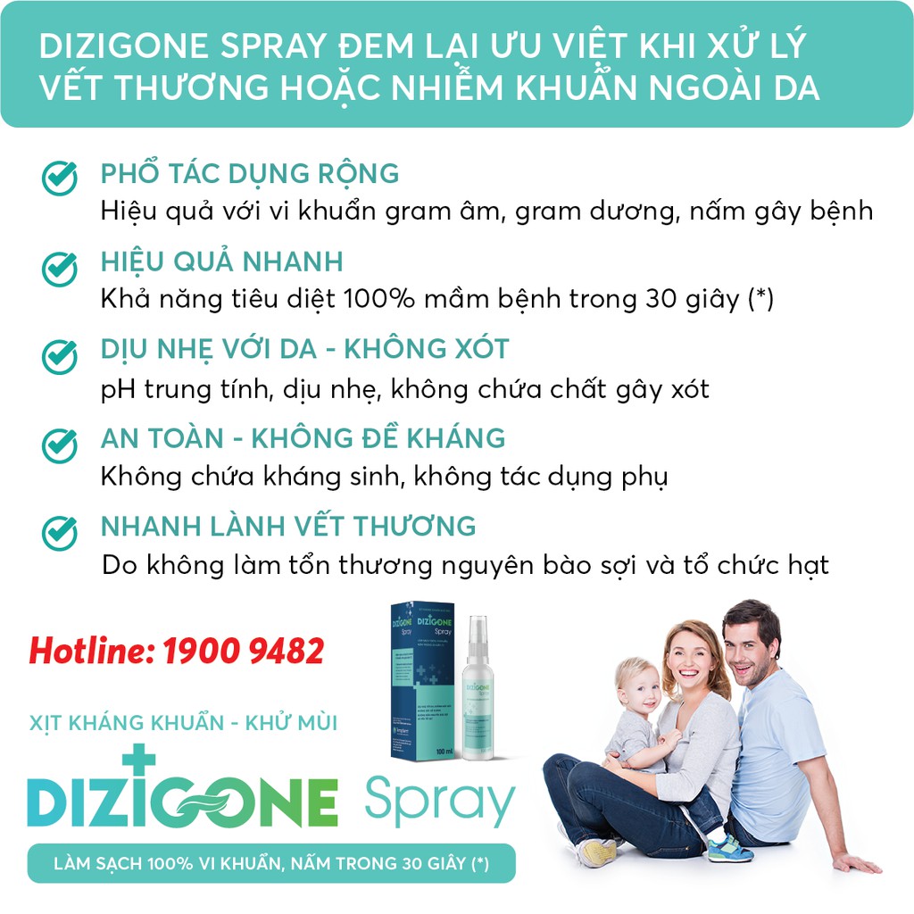 Combo 3 chai dung dịch - Kháng khuẩn, lành vết thương, tái tạo da, ngăn ngừa sẹo DIZIGONE SPRAY 100ml