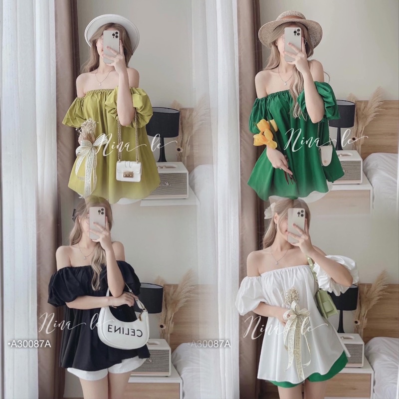 Áo trễ vai nữ hở vai bèo tay phồng phom rộng oversize giấu quần màu đen trắng hồng xanh hot trend 2022 sexy