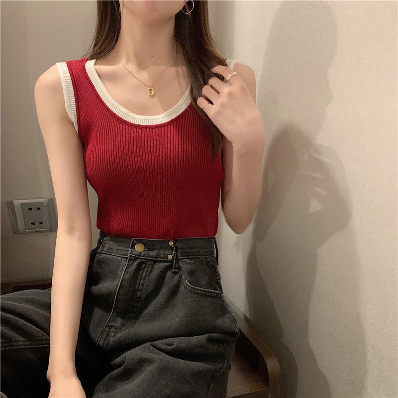 Áo Hai Dây Dệt Kim Phối Màu Tương Phản Thời Trang Mùa Hè 2022 Mới Cho Nữ