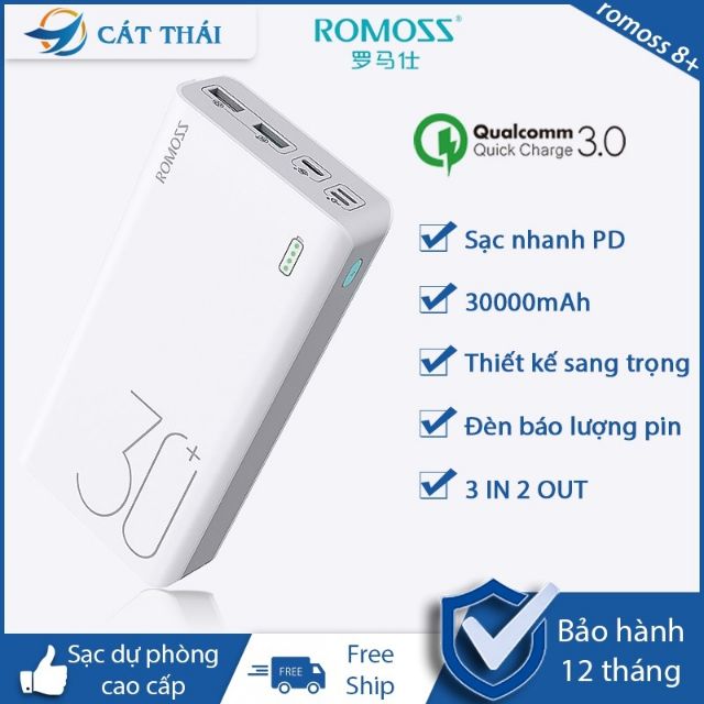 Pin sạc dự phòng lõi Polymer Romoss Sense 8+ 30000mAh hỗ trợ sạc nhanh QC3.0 (Trắng) - Hãng phân phối chính thức