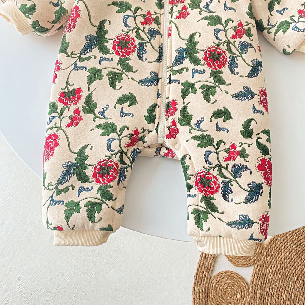 Bộ áo liền quần SANLUTOZ tay dài bằng cotton in hoa dễ thương thời trang mùa đông cho bé gái