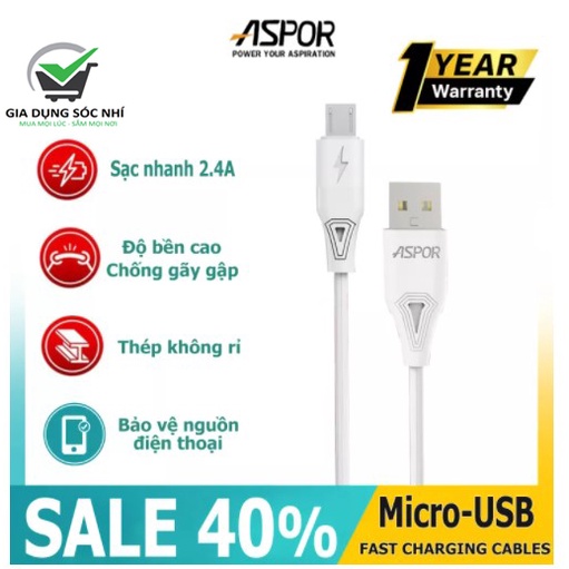Micro USB 2.4A Dây cáp sạc ASPOR AC-05 Micro USB cho Android, Tab, Xiaomi Sạc Nhanh, Chống Gẫy Gập - Bảo Hành 12 Tháng