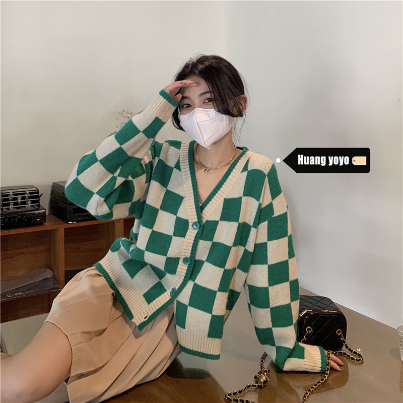 Áo sweater dệt kim tay dài cổ chữ v dáng rộng kẻ sọc kiểu Hàn Quốc thời trang cho nữ