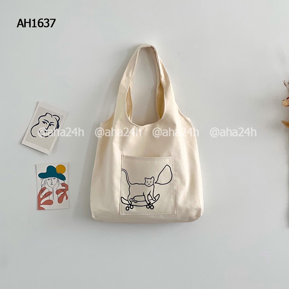 Túi tote vải canvas đi học đi chơi có túi nhỏ xinh in MÈO trượt patin AH1637