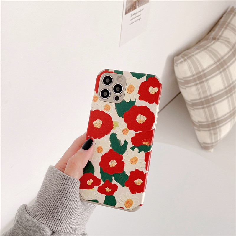 Case Oil Painting Red Flowers Casing iPhone 10 X Xs XsMax XR SE 7 8 Plus 11 12 mini Pro Max 3D Relief Soft Cover