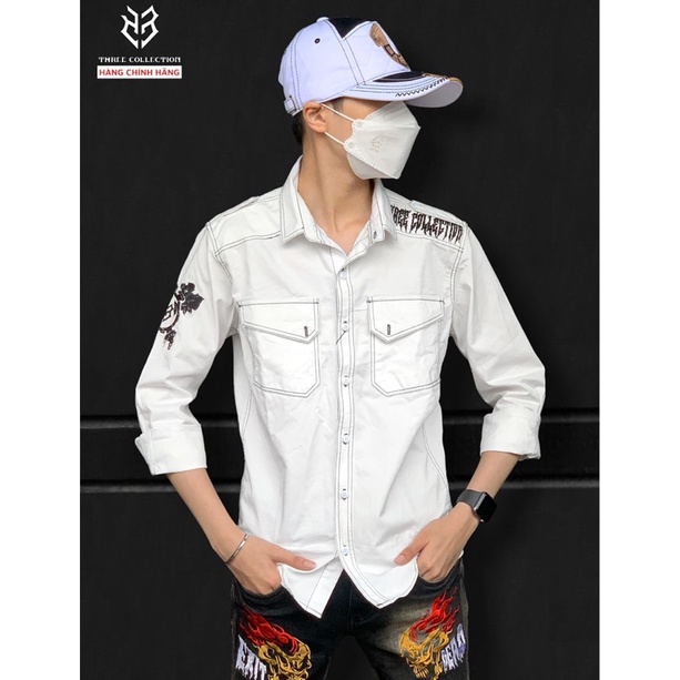 Áo sơ mi nam tay dài THREE COLLECTION trắng túi viền đen thêu logo three vai chất kaki cao cấp chính hãng s2663