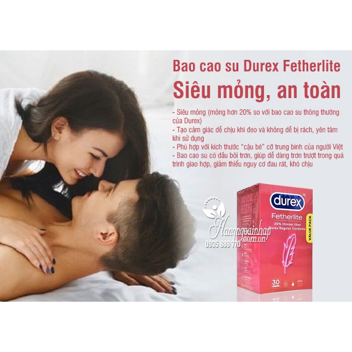 Bao cao su Durex Fetherlite Condom Durex siêu mỏng ôm khít hàng nội địa úc Hộp 30 chiếc, đóng gói kín đáo