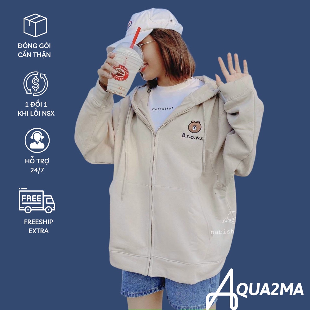 Áo khoác hoodie nam nữ Aqua2ma Áo khoác zipper form rộng Unisex thêu gấu chất nỉ ngoại 2 lớp dày dặn | BigBuy360 - bigbuy360.vn