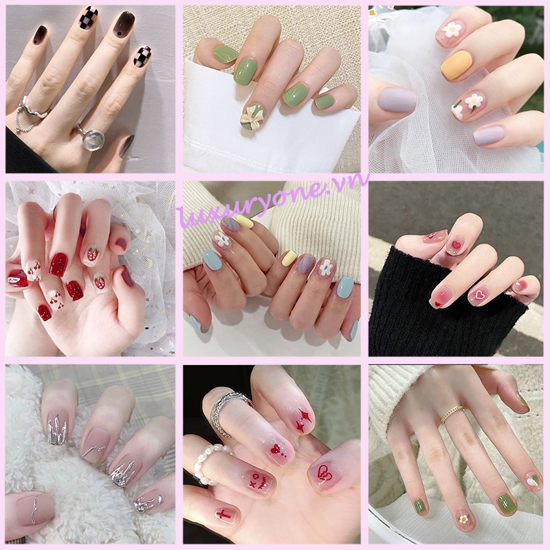 Bộ 24 Móng Tay Giả Ngắn Màu Hồng Sáng Bóng Che Phủ Toàn Diện Dễ Tháo Rời
