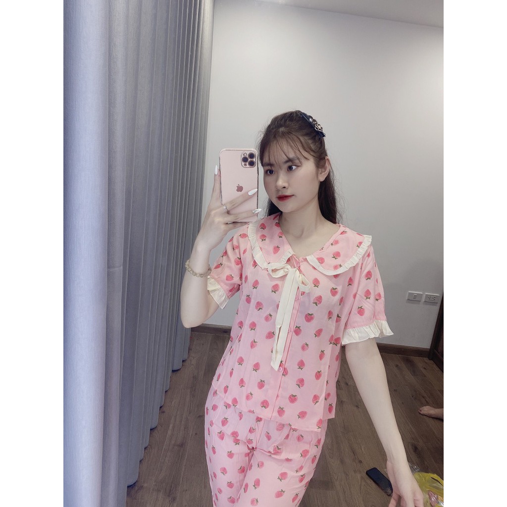 ( Xả Hàng Bán Lỗ ) Bộ Đồ Pijama-Bộ Đũi Mặc Nhà Họa Tiêt Hình Dâu Tây Cao Cấp [Kèm Ảnh Thật SP].