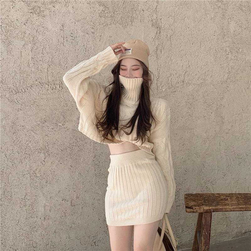 Set áo len cổ lọ dài tay + chân váy lưng cao thời trang Hàn Quốc mới năm 2021