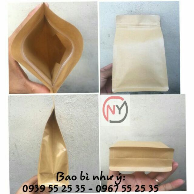 {500gr/size} - túi zipper giấy kraft 8 cạnh không cửa sổ xếp hông đáy vuông