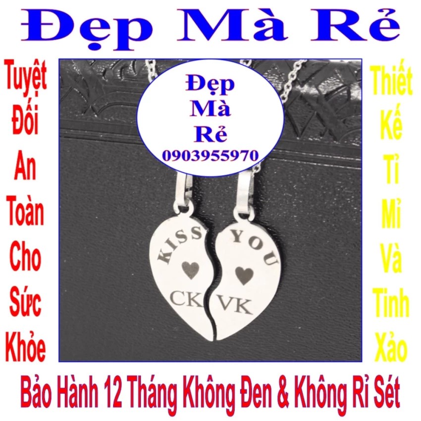 Dây chuyền cặp hình trái tim 2 mảnh ghép tim khắc chữ CK / VK và chữ KISS YOU - Giá bán trên = 2 sợi