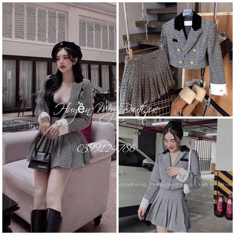 Sét Dạ Tweed Kẻ Xương Cá Mix Chân Váy Xếp Ly Sang Chảnh hàng Quảng Châu Loại 1